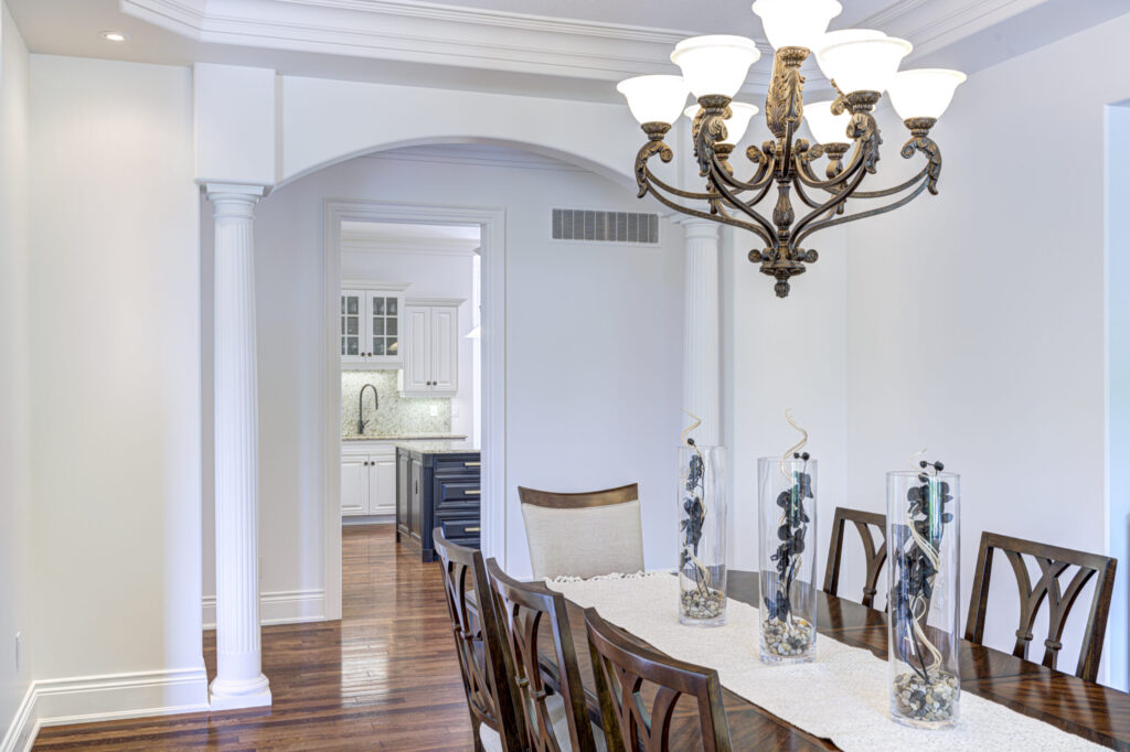 Elegant dining room with chandelier staging